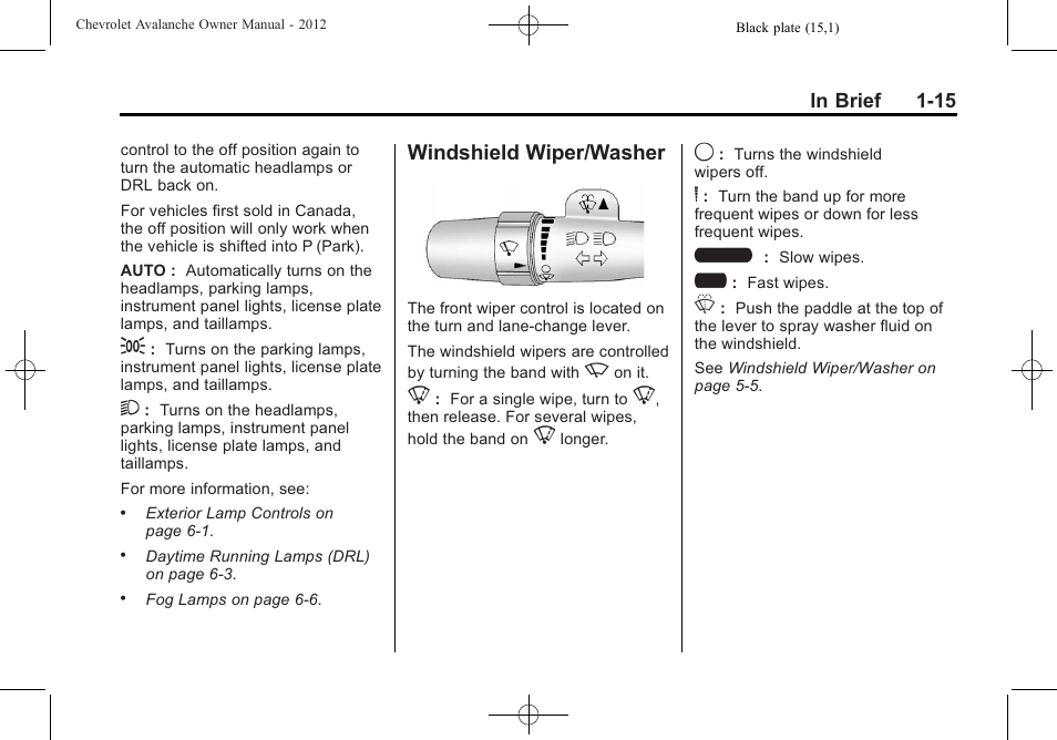 Windshield wiper/washer, Wiper/washer -15 | CHEVROLET 2010 Avalanche User Manual | Page 21 / 508