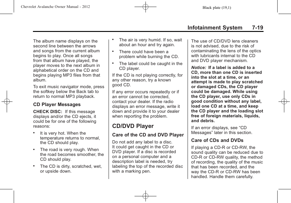 Cd/dvd player, Cd/dvd player -19, Infotainment system 7-19 | CHEVROLET 2010 Avalanche User Manual | Page 215 / 508