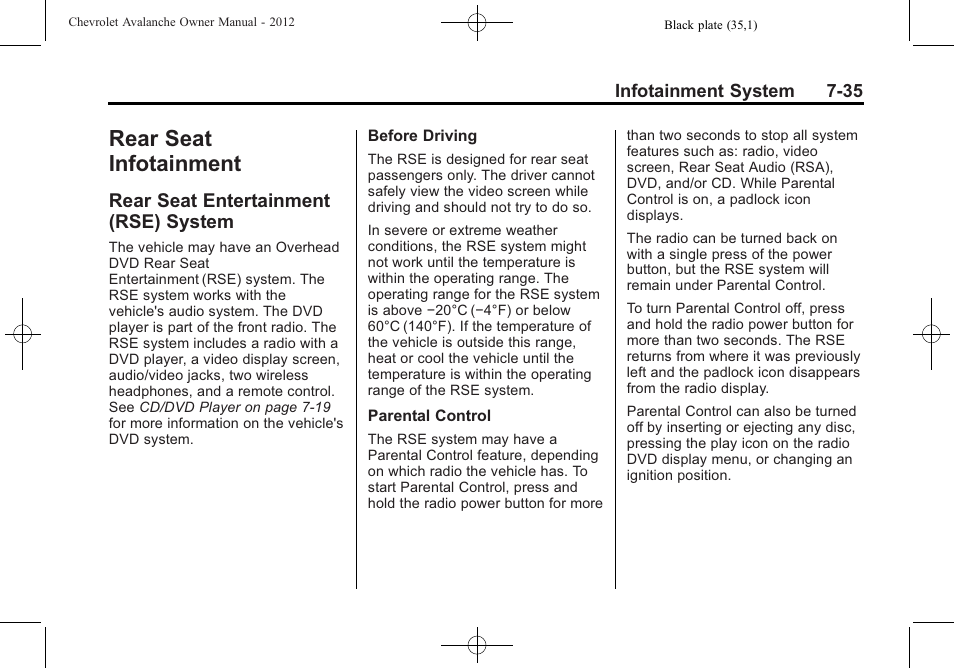 Rear seat infotainment, Rear seat entertainment (rse) system, Rear seat infotainment -35 | Rear seat entertainment, Rse) system -35 | CHEVROLET 2010 Avalanche User Manual | Page 231 / 508