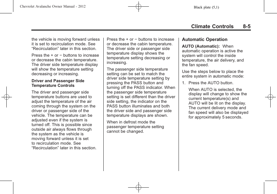 Climate controls 8-5 | CHEVROLET 2010 Avalanche User Manual | Page 255 / 508