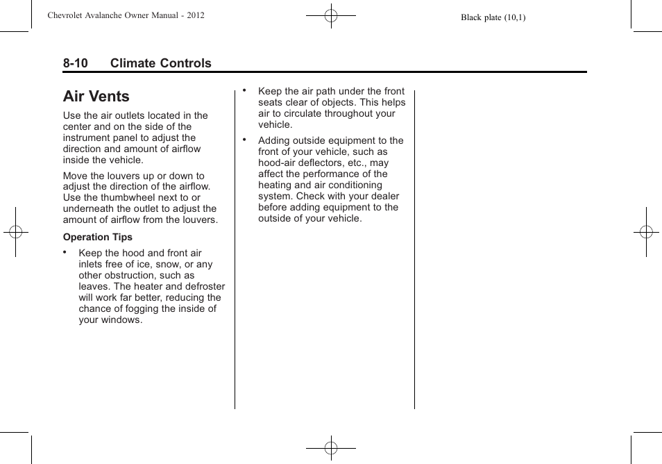 Air vents, Air vents -10, 10 climate controls | CHEVROLET 2010 Avalanche User Manual | Page 260 / 508