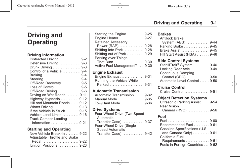Driving and operating, Driving and operating 9-1 | CHEVROLET 2010 Avalanche User Manual | Page 261 / 508
