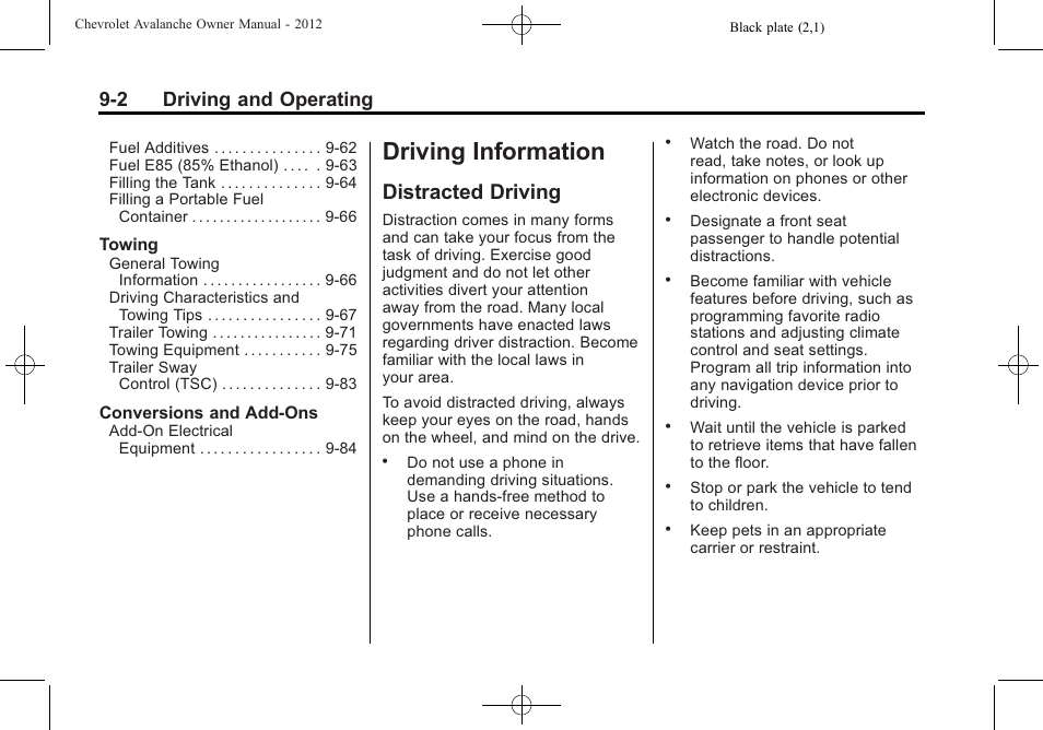 Driving information, Distracted driving, Distracted driving -2 | 2 driving and operating | CHEVROLET 2010 Avalanche User Manual | Page 262 / 508