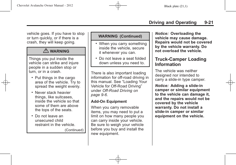 Truck-camper loading information, Truck-camper loading, Information -21 | Driving and operating 9-21 | CHEVROLET 2010 Avalanche User Manual | Page 281 / 508