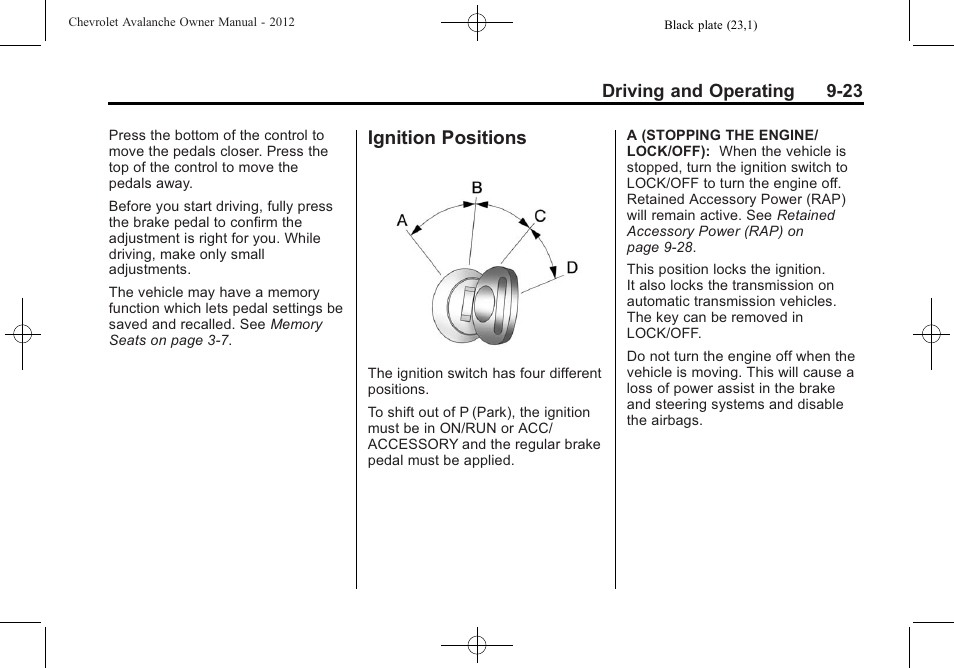 Ignition positions, Ignition positions -23 | CHEVROLET 2010 Avalanche User Manual | Page 283 / 508
