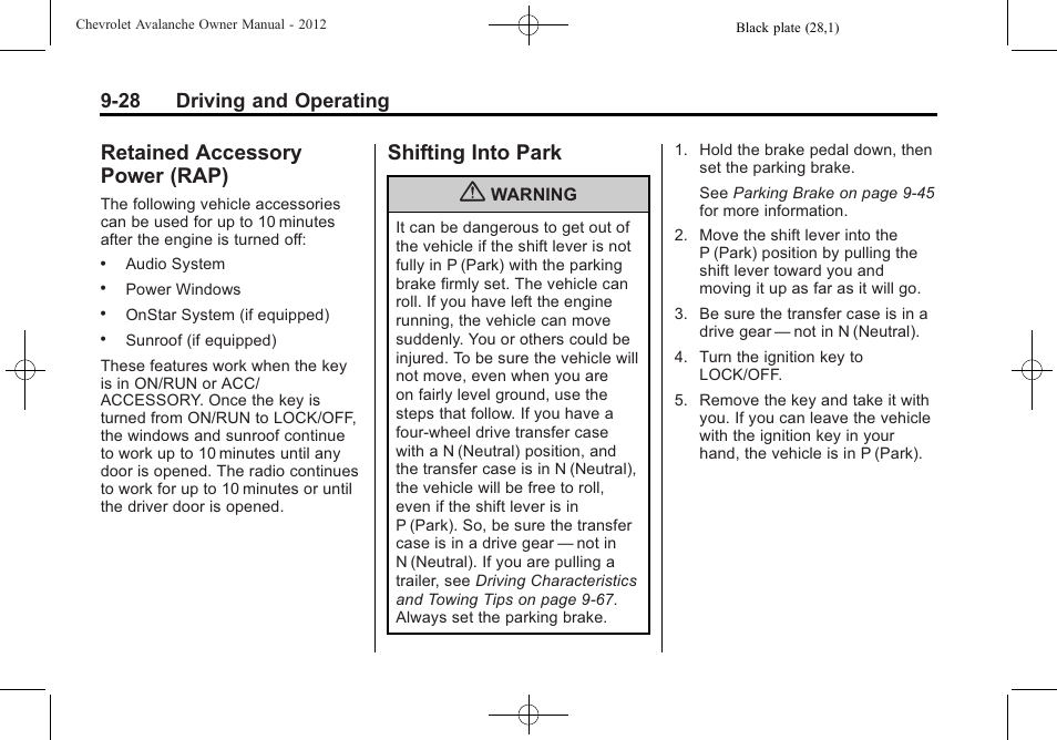 Retained accessory power (rap), Shifting into park, Retained accessory | Power (rap) -28, Shifting into park -28, Brake, 28 driving and operating | CHEVROLET 2010 Avalanche User Manual | Page 288 / 508