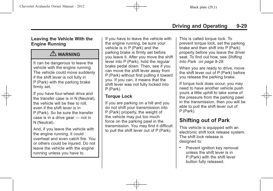 Shifting out of park, Shifting out of park -29 | CHEVROLET 2010 Avalanche User Manual | Page 289 / 508