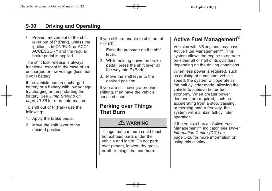 Parking over things that burn, Active fuel management, Parking over things | That burn -30 | CHEVROLET 2010 Avalanche User Manual | Page 290 / 508