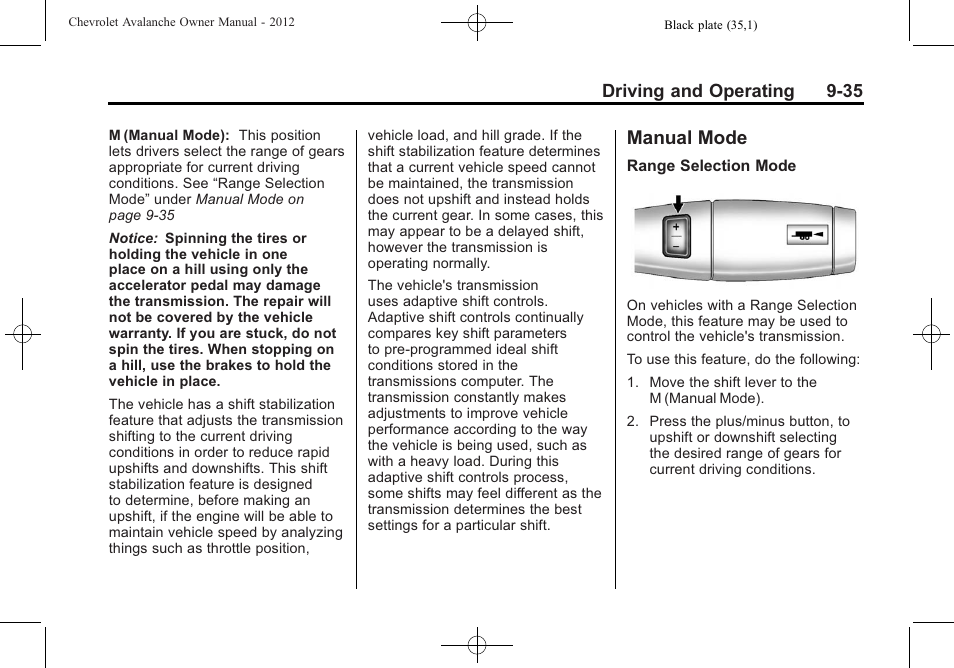 Manual mode, Manual mode -35, Object | CHEVROLET 2010 Avalanche User Manual | Page 295 / 508