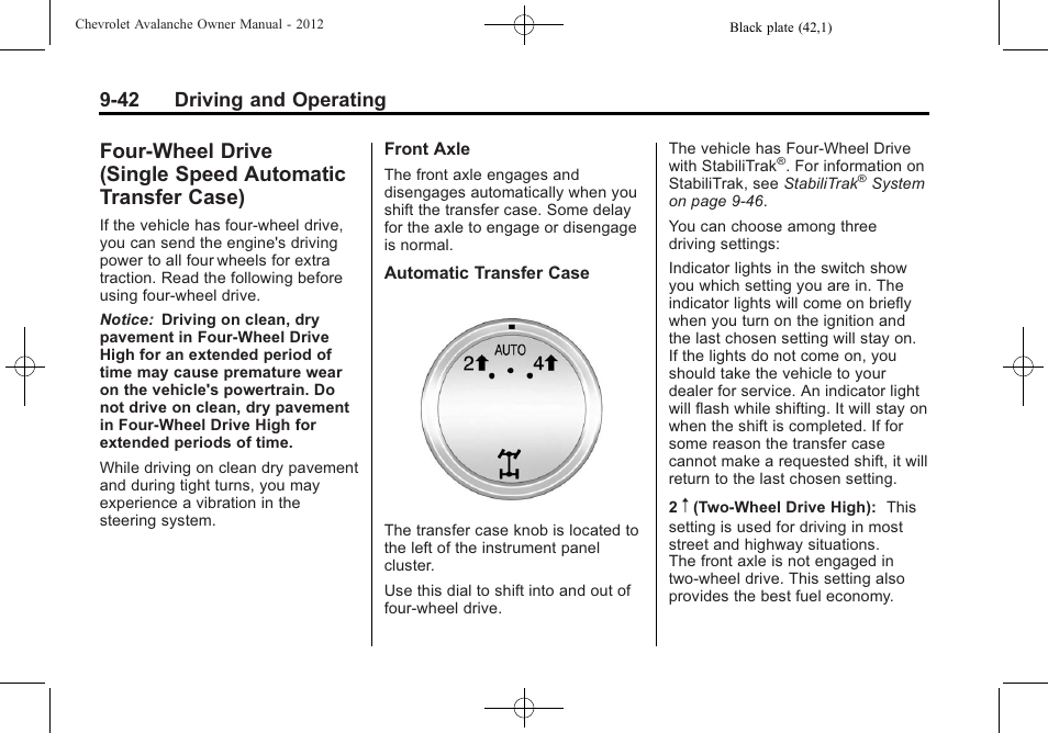 Four-wheel drive (single, Speed automatic transfer case) -42, 42 driving and operating | CHEVROLET 2010 Avalanche User Manual | Page 302 / 508