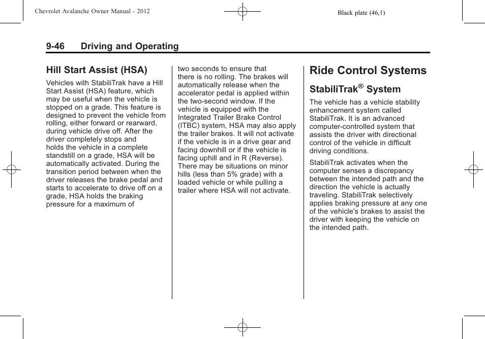 Hill start assist (hsa), Ride control systems, Stabilitrak® system | Stabilitrak, System on, Hill start assist (hsa) -46, System -46, System | CHEVROLET 2010 Avalanche User Manual | Page 306 / 508