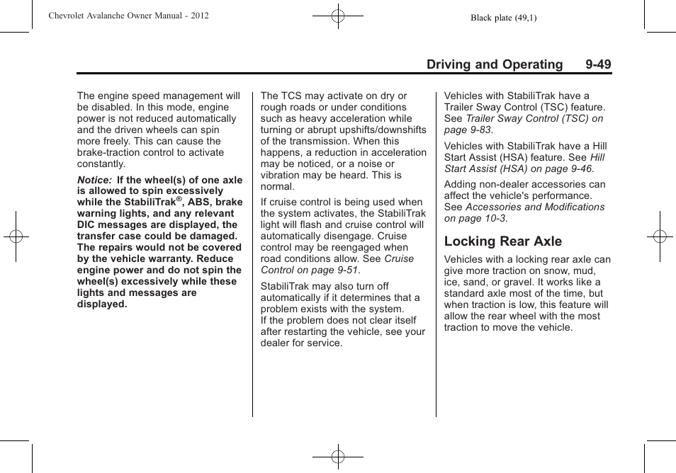 Locking rear axle, Locking rear axle -49, Driving and operating 9-49 | CHEVROLET 2010 Avalanche User Manual | Page 309 / 508