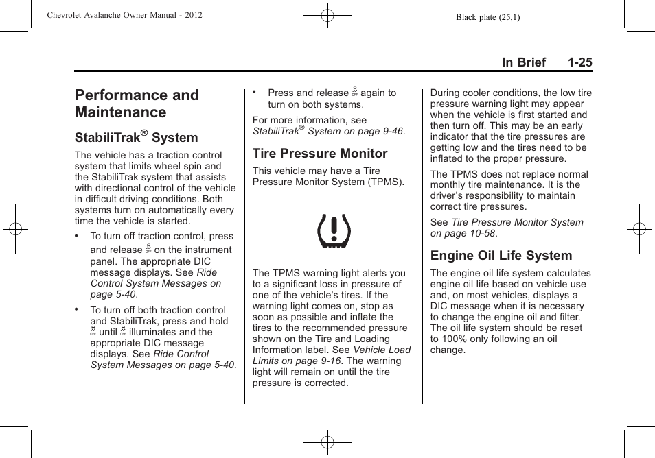 Performance and maintenance, Stabilitrak® system, Tire pressure monitor | Engine oil life system, Performance and, Maintenance -25, Stabilitrak, System -25, System | CHEVROLET 2010 Avalanche User Manual | Page 31 / 508