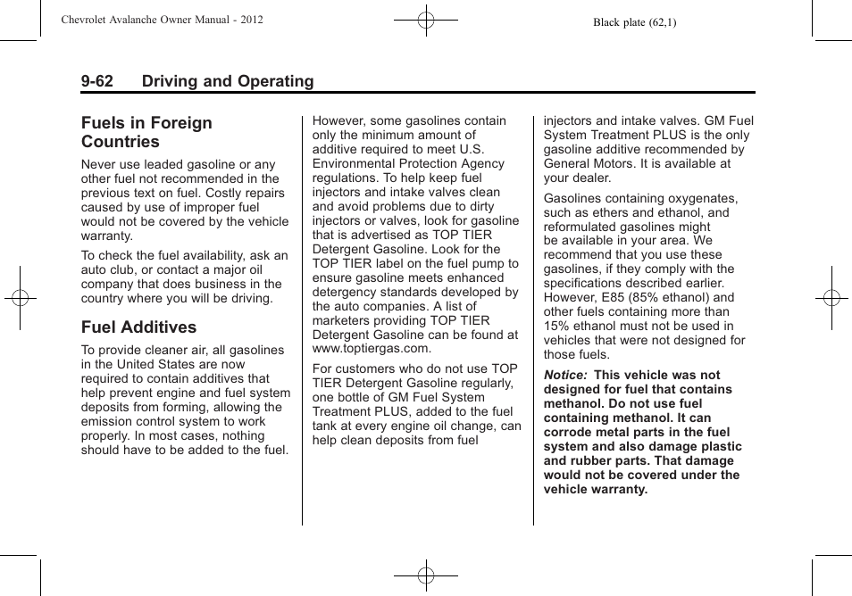 Fuels in foreign countries, Fuel additives, Fuels in foreign countries -62 | Fuel additives -62 | CHEVROLET 2010 Avalanche User Manual | Page 322 / 508
