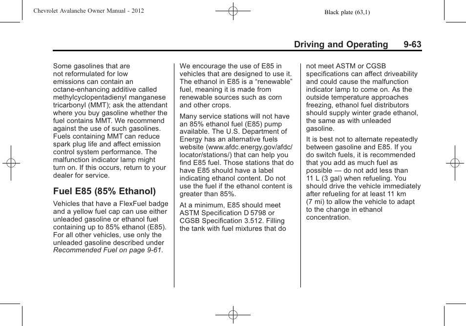 Fuel e85 (85% ethanol), Fuel e85 (85% ethanol) -63 | CHEVROLET 2010 Avalanche User Manual | Page 323 / 508