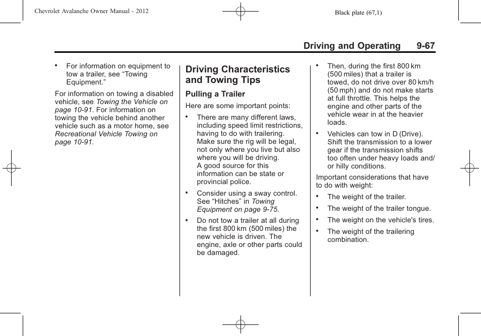 Driving characteristics and towing tips, Driving characteristics and, Towing tips -67 | Away from the road, Driving and operating 9-67 | CHEVROLET 2010 Avalanche User Manual | Page 327 / 508