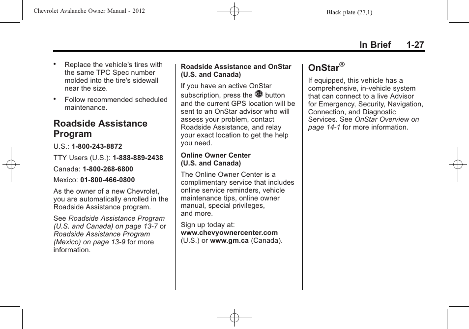 Roadside assistance program, Onstar, Assistance | Program -27 | CHEVROLET 2010 Avalanche User Manual | Page 33 / 508