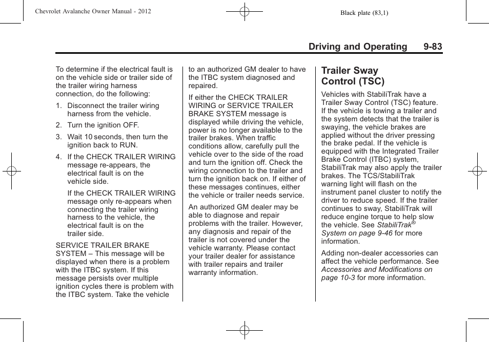 Trailer sway control (tsc), Trailer sway, Control (tsc) -83 | Your, Driving and operating 9-83 | CHEVROLET 2010 Avalanche User Manual | Page 343 / 508