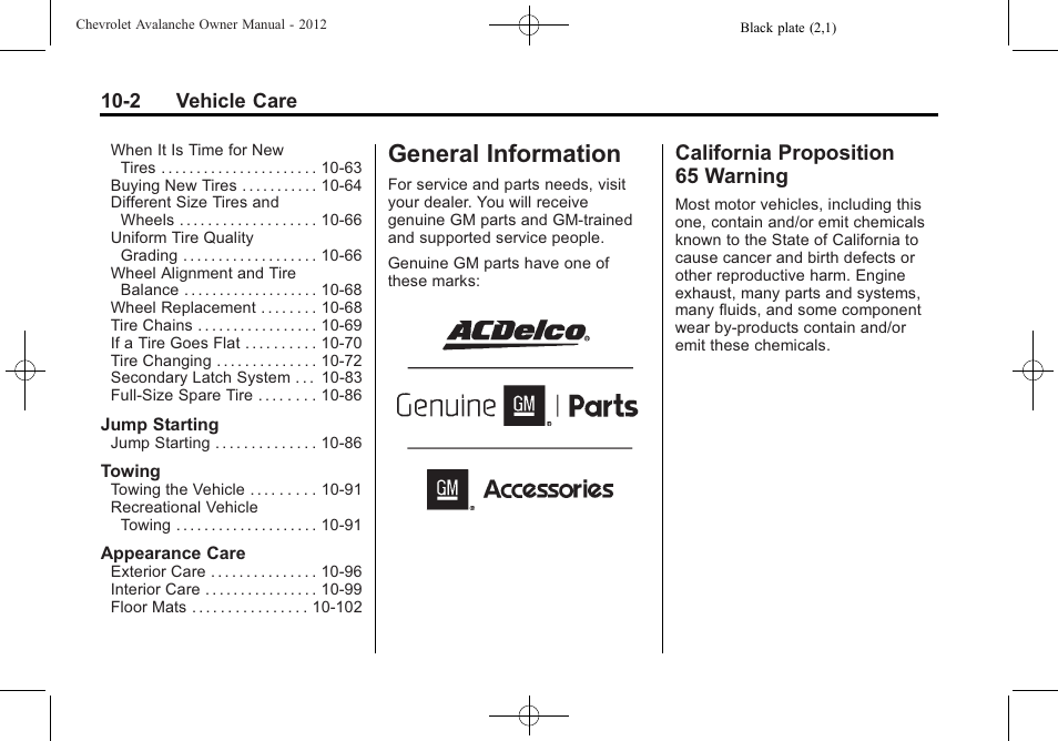 General information, California proposition 65 warning, General information -2 | General, General information -2 california proposition, 65 warning -2 | CHEVROLET 2010 Avalanche User Manual | Page 346 / 508