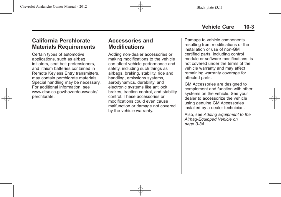 California perchlorate materials requirements, Accessories and modifications, California perchlorate | Materials requirements -3, Accessories and, Modifications -3 | CHEVROLET 2010 Avalanche User Manual | Page 347 / 508