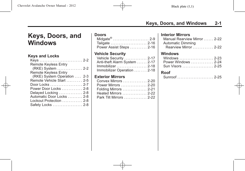 Keys, doors, and windows, Keys, doors, and, Windows -1 | CHEVROLET 2010 Avalanche User Manual | Page 35 / 508