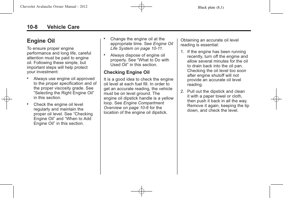 Engine oil, Engine oil -8, Replacement | 8 vehicle care | CHEVROLET 2010 Avalanche User Manual | Page 352 / 508