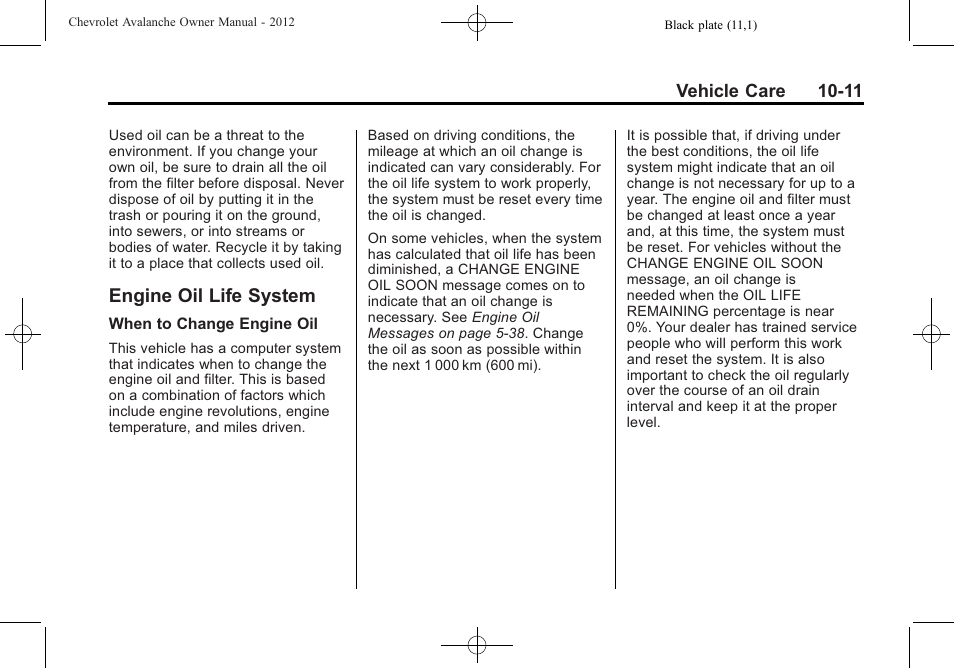 Engine oil life system, Engine oil life system -11, Glass | CHEVROLET 2010 Avalanche User Manual | Page 355 / 508