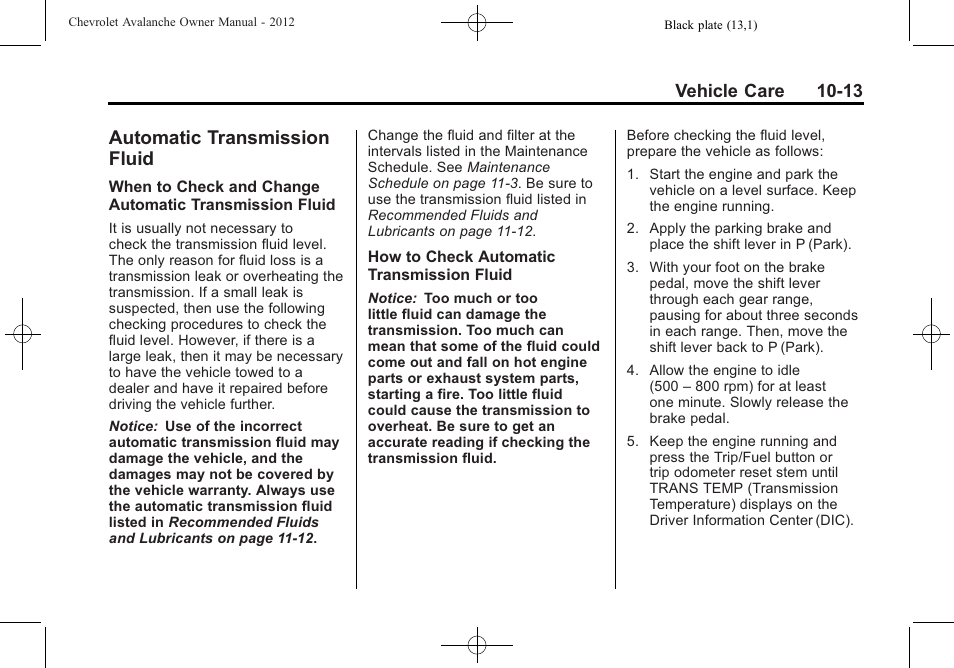 Automatic transmission fluid, Automatic transmission, Fluid -13 | Headlamp, Vehicle care 10-13 | CHEVROLET 2010 Avalanche User Manual | Page 357 / 508