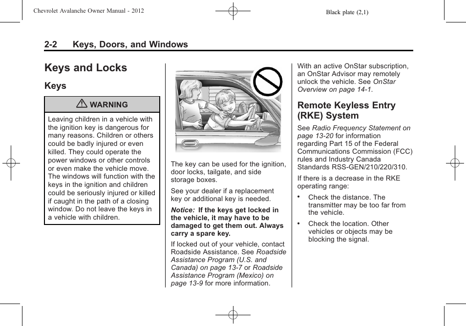 Keys and locks, Keys, Remote keyless entry (rke) system | Keys and locks -2, Indicators, Keys -2 remote keyless entry, Rke) system -2 | CHEVROLET 2010 Avalanche User Manual | Page 36 / 508