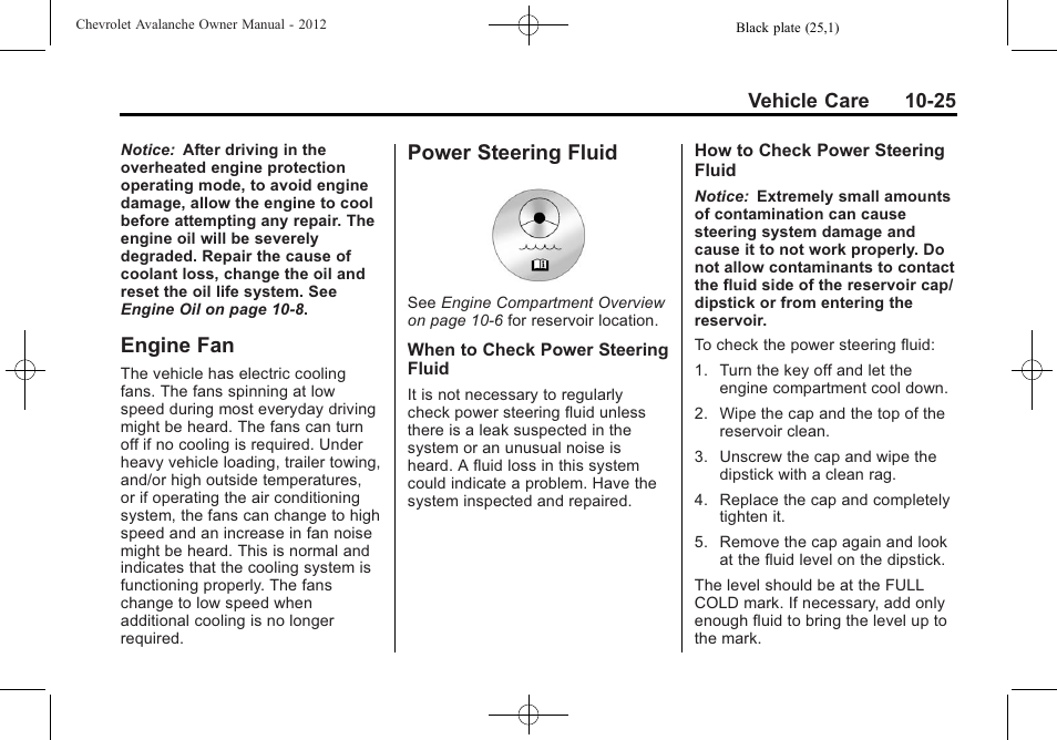 Engine fan, Power steering fluid, Engine fan -25 power steering fluid -25 | Sidemarker | CHEVROLET 2010 Avalanche User Manual | Page 369 / 508