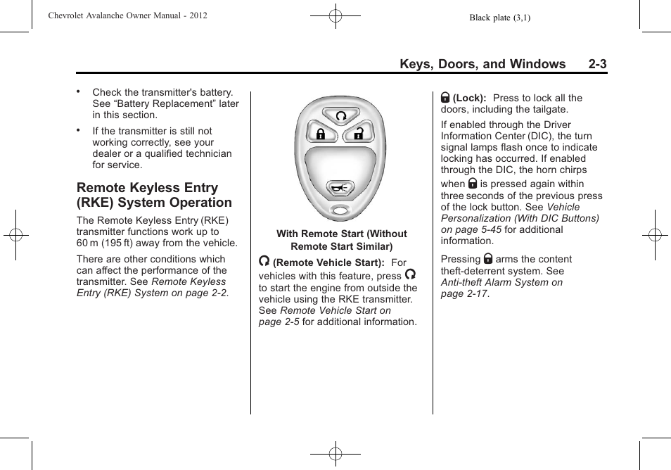 Remote keyless entry (rke) system operation, Remote keyless entry, Rke) system operation -3 | Exterior | CHEVROLET 2010 Avalanche User Manual | Page 37 / 508