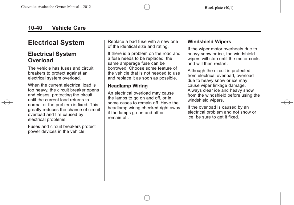 Electrical system, Electrical system overload, Electrical system -40 | Additional maintenance | CHEVROLET 2010 Avalanche User Manual | Page 384 / 508