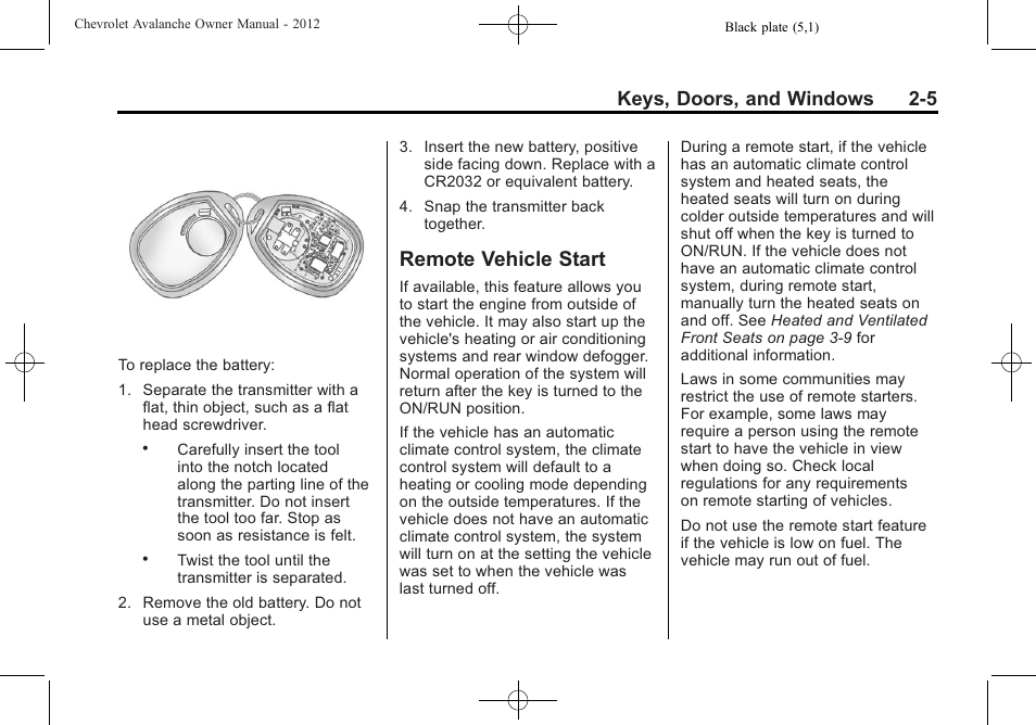 Remote vehicle start, Remote vehicle start -5, Keys, doors, and windows 2-5 | CHEVROLET 2010 Avalanche User Manual | Page 39 / 508
