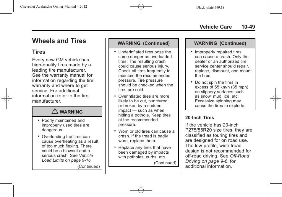 Wheels and tires, Tires, Wheels and tires -49 | And care -9, Onstar, Tires -49, Vehicle care 10-49 | CHEVROLET 2010 Avalanche User Manual | Page 393 / 508