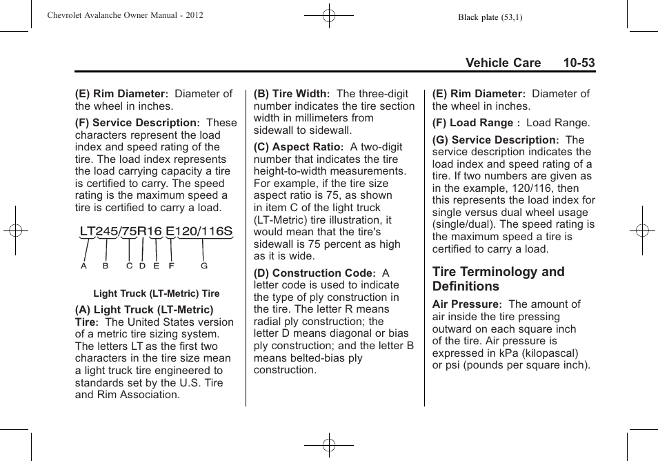 Tire terminology and definitions, Tire terminology and, Definitions -53 | CHEVROLET 2010 Avalanche User Manual | Page 397 / 508