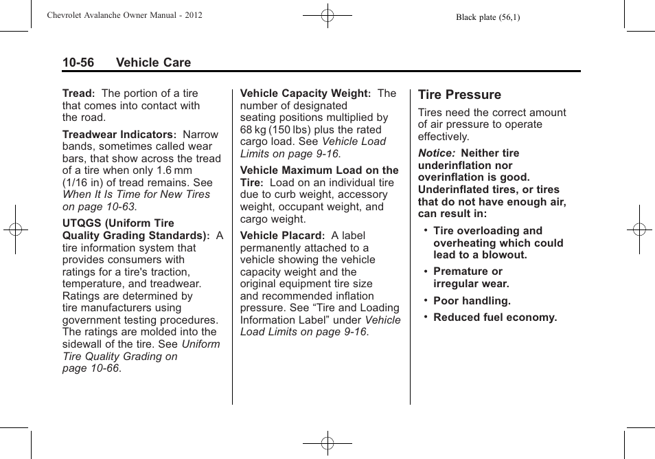 Tire pressure, Tire pressure -56, Tire | 56 vehicle care | CHEVROLET 2010 Avalanche User Manual | Page 400 / 508