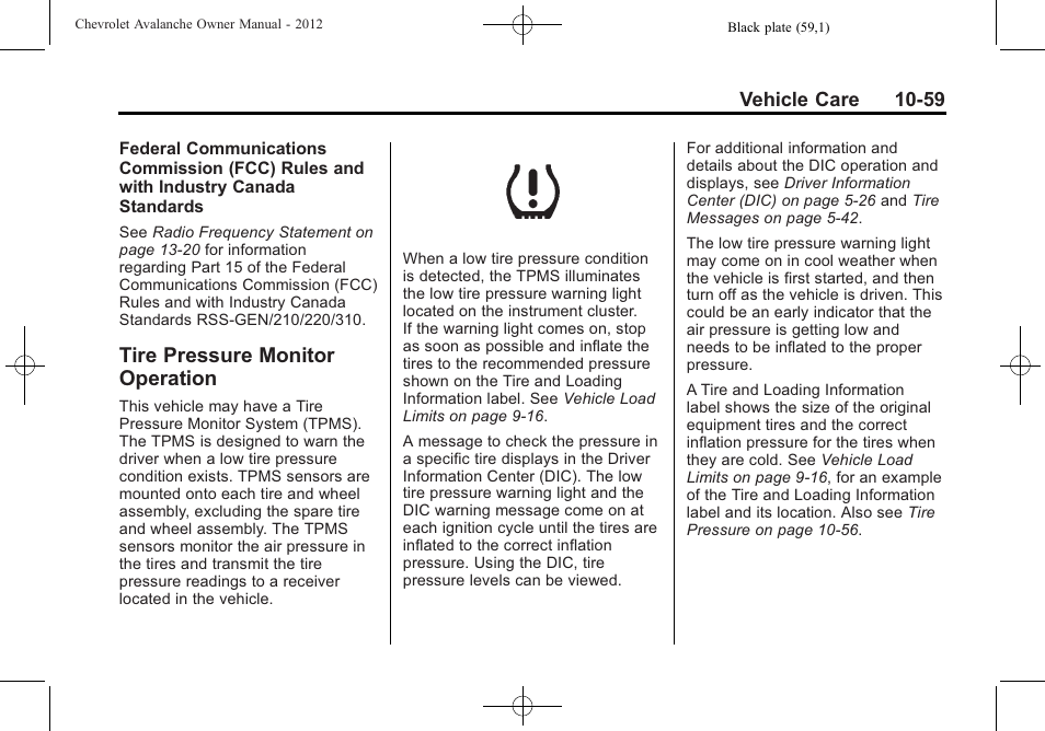 Tire pressure monitor operation, Tire pressure monitor, Operation -59 | CHEVROLET 2010 Avalanche User Manual | Page 403 / 508