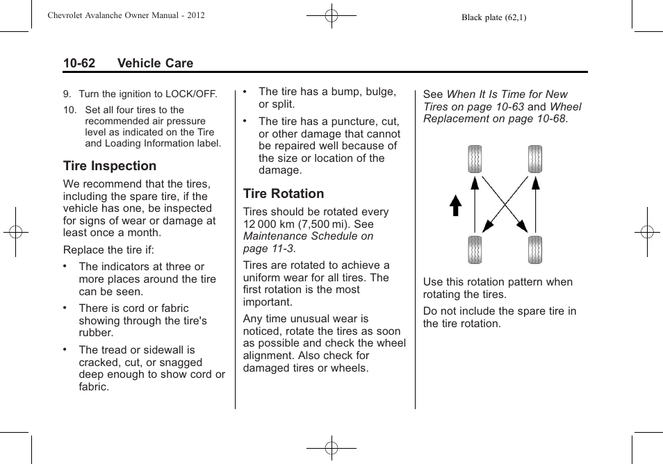 Tire inspection, Tire rotation, Tire inspection -62 tire rotation -62 | 62 vehicle care | CHEVROLET 2010 Avalanche User Manual | Page 406 / 508