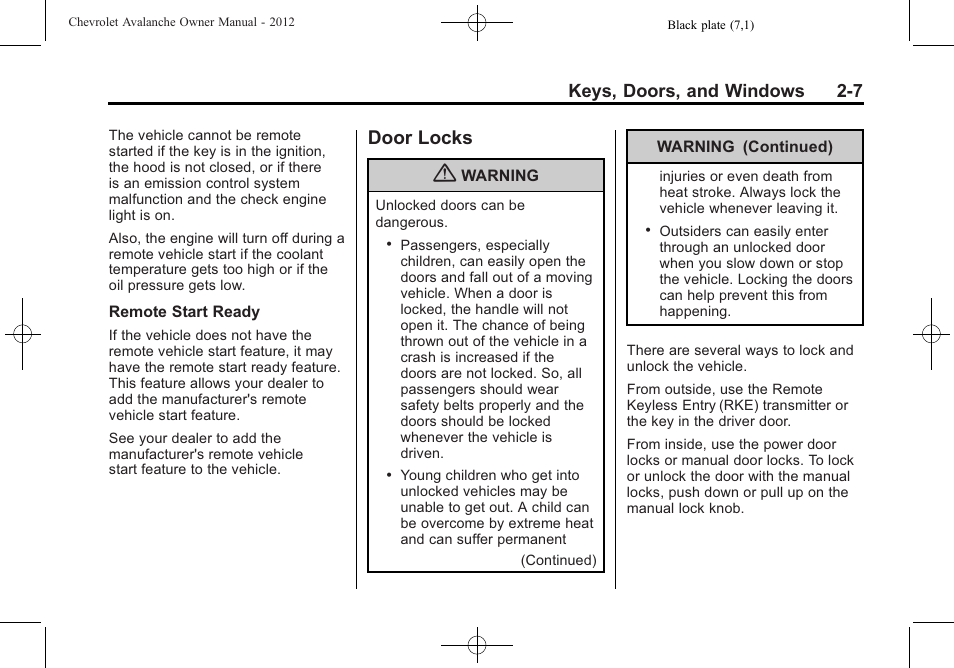 Door locks, Door locks -7, Keys, doors, and windows 2-7 | CHEVROLET 2010 Avalanche User Manual | Page 41 / 508