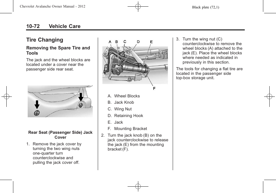 Tire changing, Tire changing -72, 72 vehicle care | CHEVROLET 2010 Avalanche User Manual | Page 416 / 508