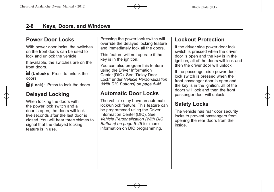 Power door locks, Delayed locking, Automatic door locks | Lockout protection, Safety locks | CHEVROLET 2010 Avalanche User Manual | Page 42 / 508