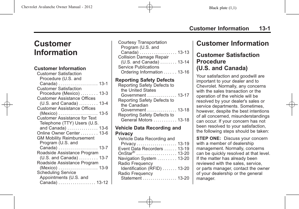 Customer information, Customer satisfaction procedure (u.s. and canada), Customer information -1 | Customer information 13-1 | CHEVROLET 2010 Avalanche User Manual | Page 469 / 508