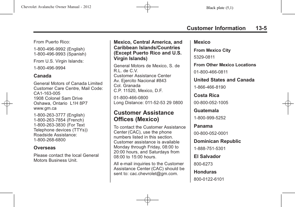 Customer assistance offices (mexico), Customer assistance offices, Mexico) -5 | Reporting safety, Customer information 13-5 | CHEVROLET 2010 Avalanche User Manual | Page 473 / 508