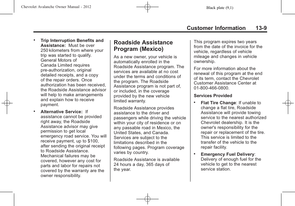 Roadside assistance program (mexico), Roadside assistance program, Mexico) -9 | Customer information 13-9 | CHEVROLET 2010 Avalanche User Manual | Page 477 / 508