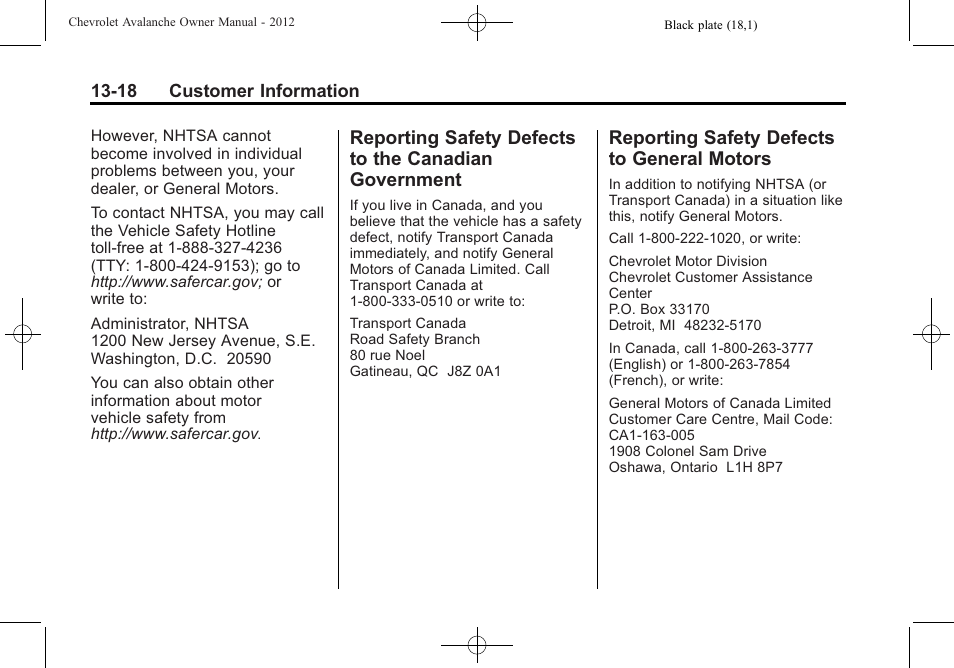 Reporting safety defects to general motors, Reporting safety defects to, Canadian government -18 | Defects to, General motors -18 | CHEVROLET 2010 Avalanche User Manual | Page 486 / 508