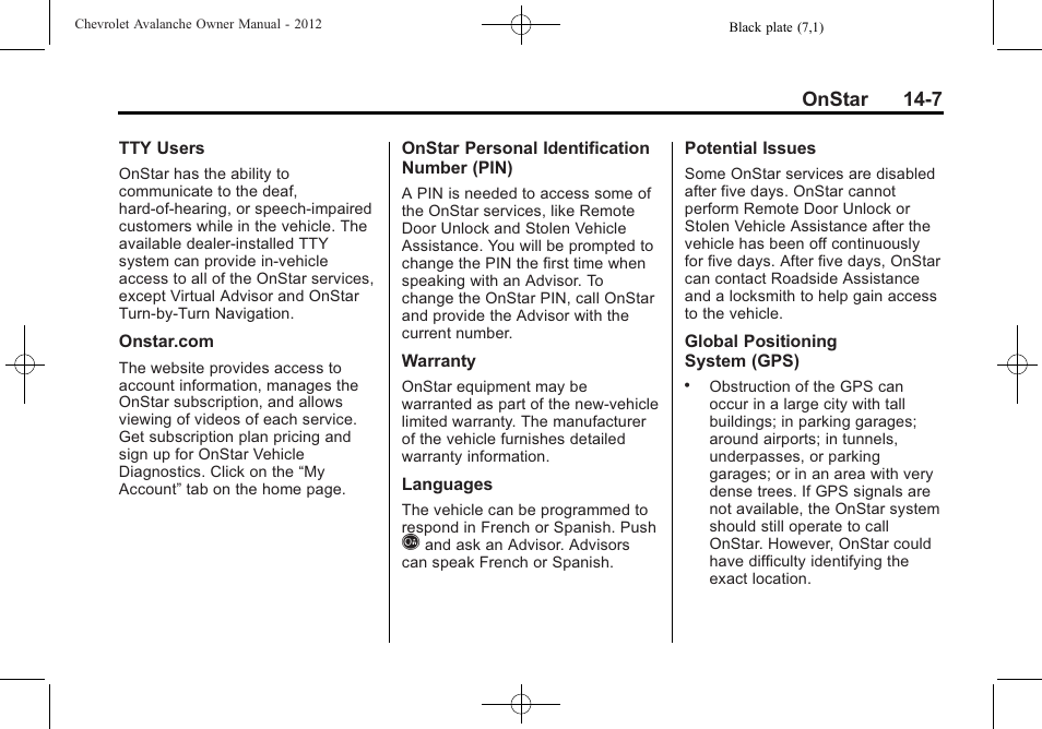 Onstar 14-7 | CHEVROLET 2010 Avalanche User Manual | Page 495 / 508