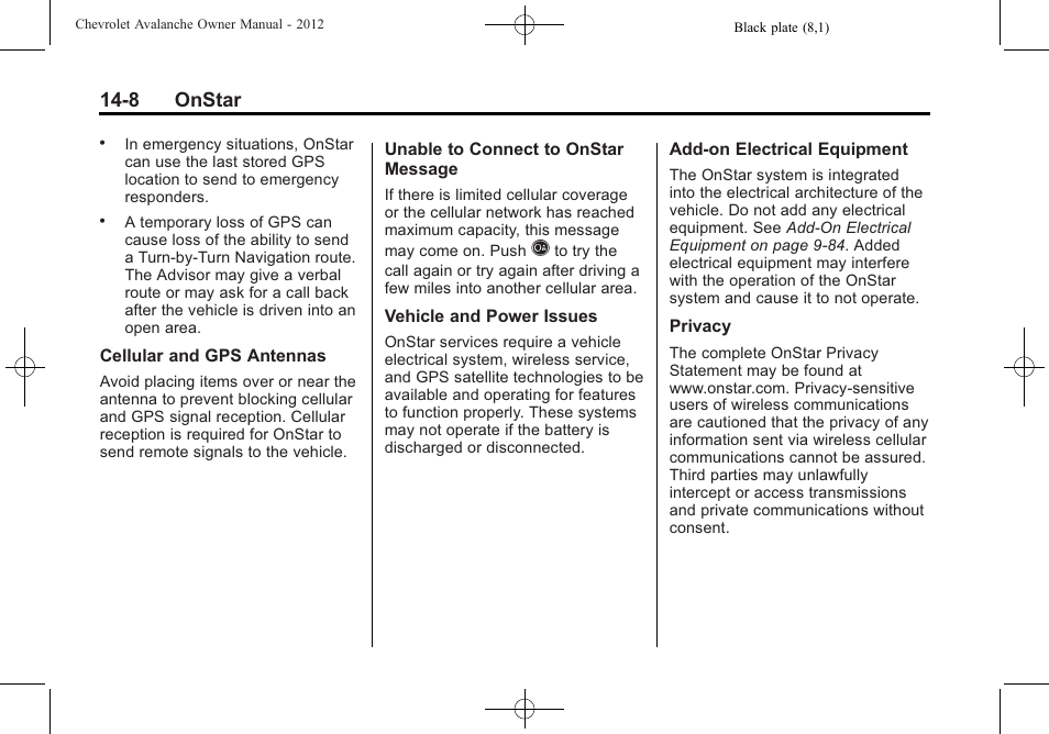 8 onstar | CHEVROLET 2010 Avalanche User Manual | Page 496 / 508