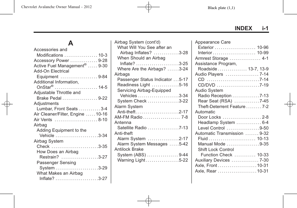 Index, Index_a, Index i-1 | CHEVROLET 2010 Avalanche User Manual | Page 497 / 508