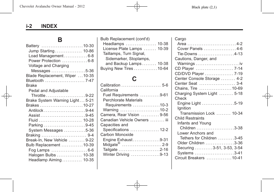Index_b, Index_c, I-2 index | CHEVROLET 2010 Avalanche User Manual | Page 498 / 508