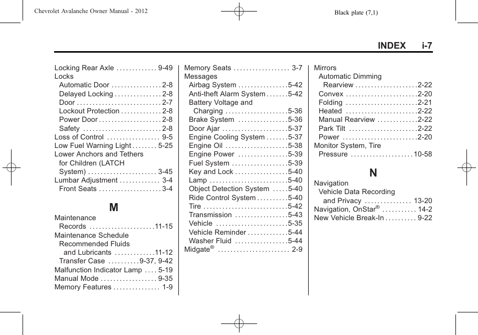 Index_m, Index_n, Index i-7 | CHEVROLET 2010 Avalanche User Manual | Page 503 / 508